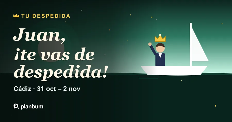 Tarjeta de WhatsApp para el novio: «Juan, ¡te vas de despedida!», con su dibujo en el barco.
